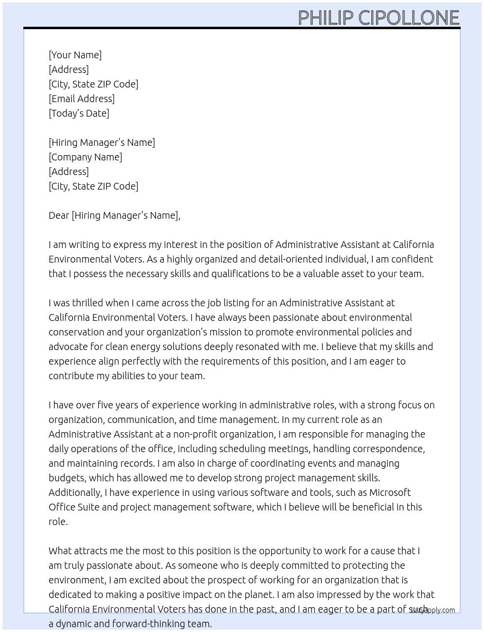 administrative assistant At California Environmental Voters Cover Letter