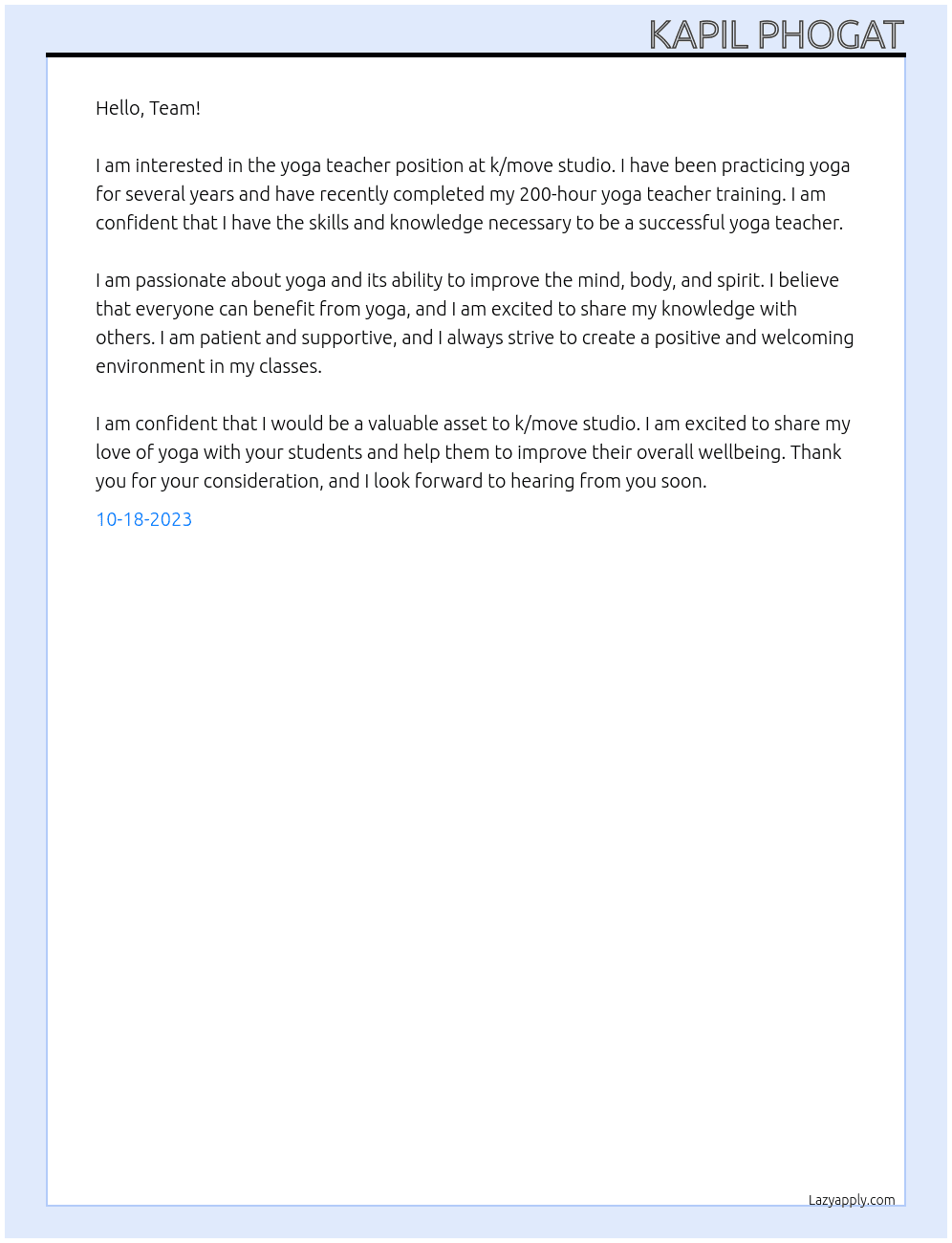 yoga teacher At k/move studio Cover Letter