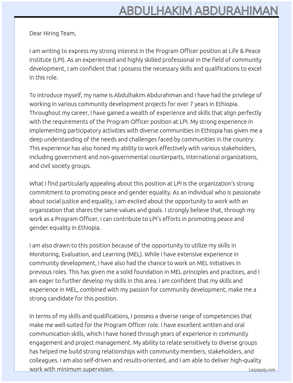 Program Officer  At Life & Peace Institute (LPI) Cover Letter
