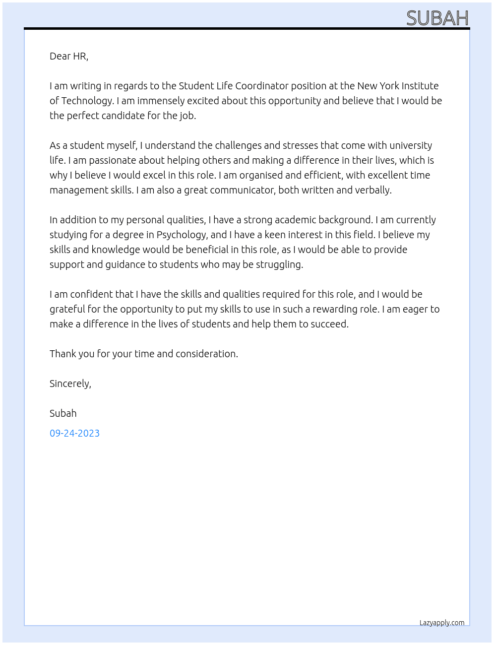 Student Life Coordinator At NEw York Institute of Technology  Cover Letter