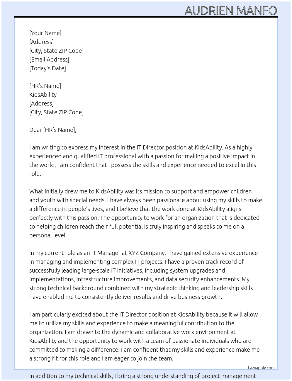 IT Director At kidsability Cover Letter