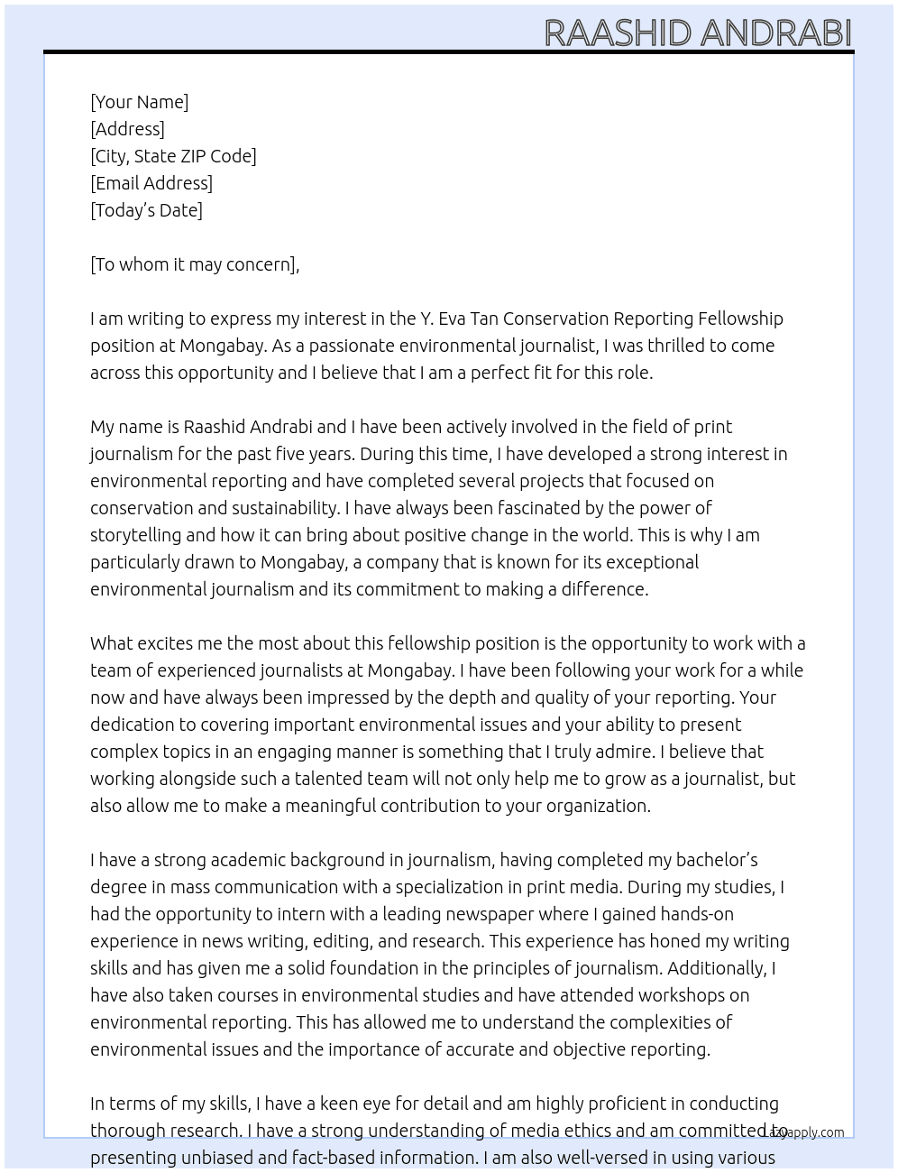 Y. Eva Tan Conservation Reporting Fellowship At Mongabay Cover Letter