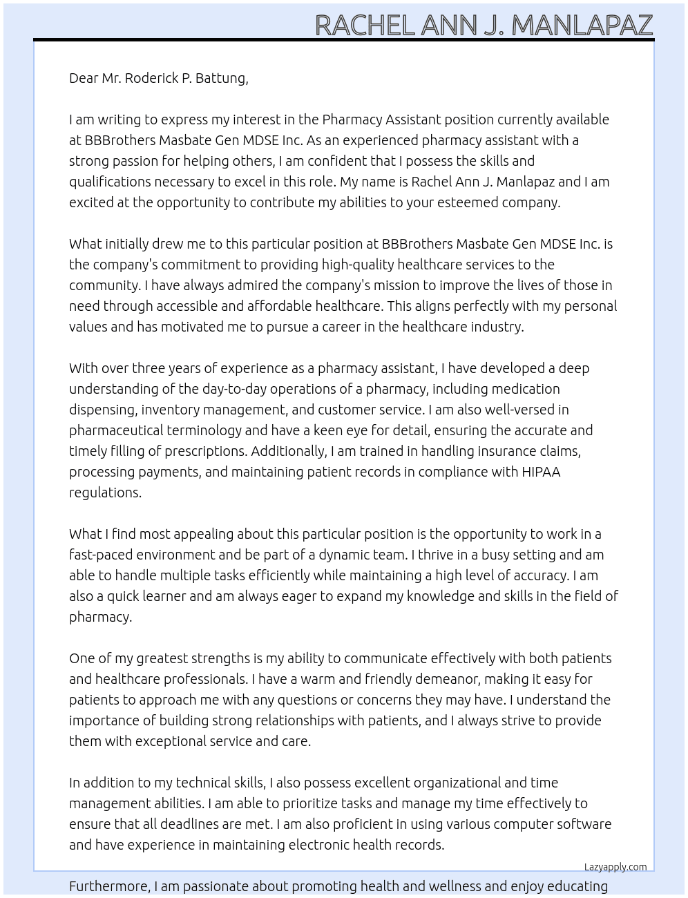 Pharmacy assistant  At BBBrothers Masbate Gen MDSE Inc. Cover Letter