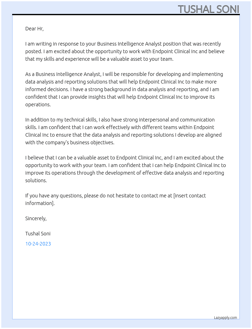 Business Intelligence Analyst At Endpoint Clinical Inc  Cover Letter