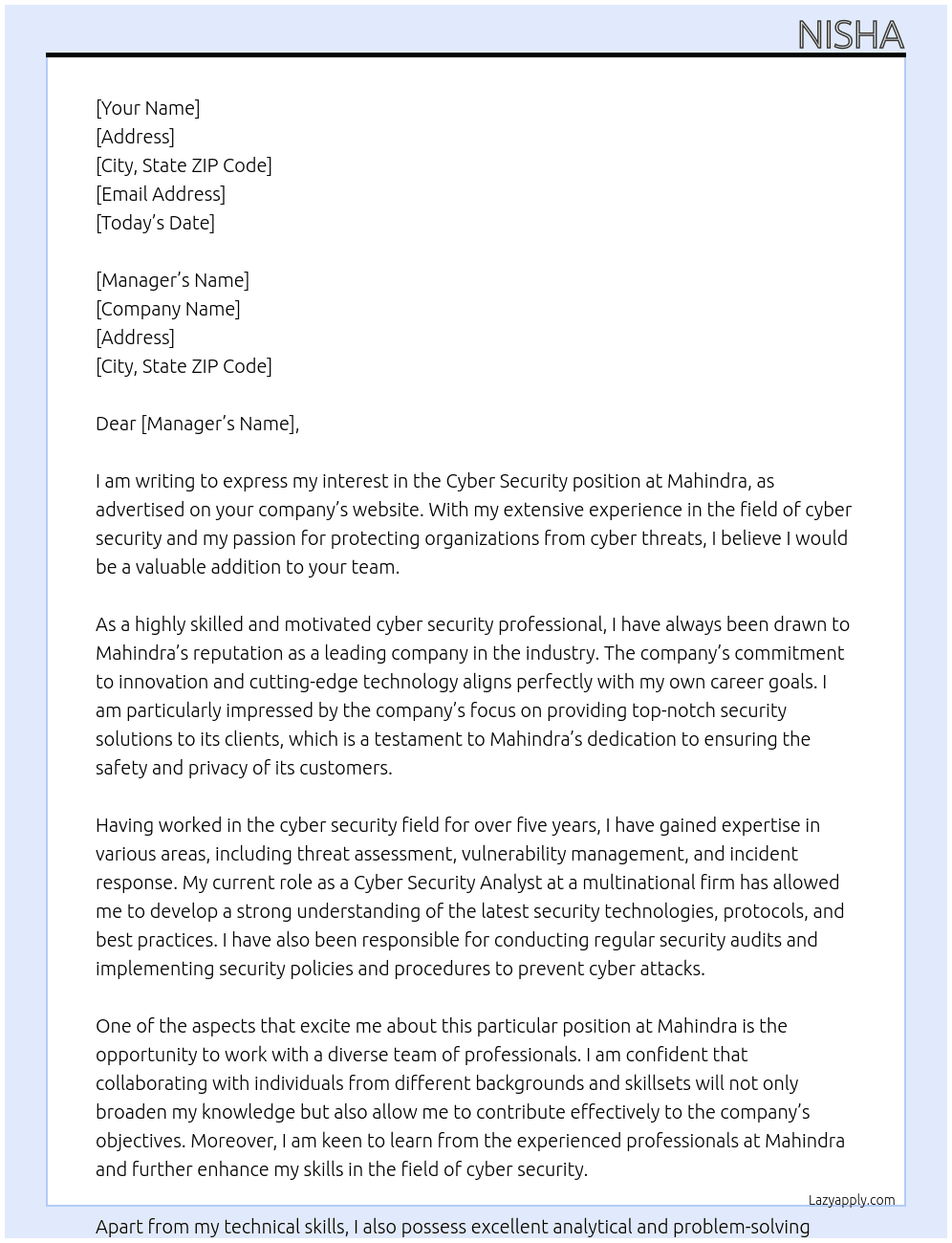 Cyber security  At Mahindra  Cover Letter