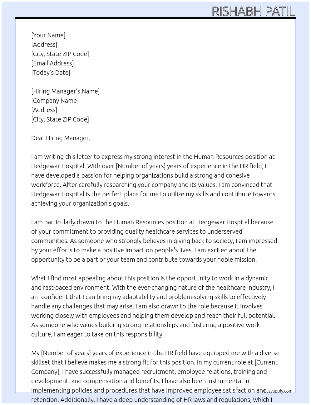 Human Resources At Hedgewar Hospital Cover Letter