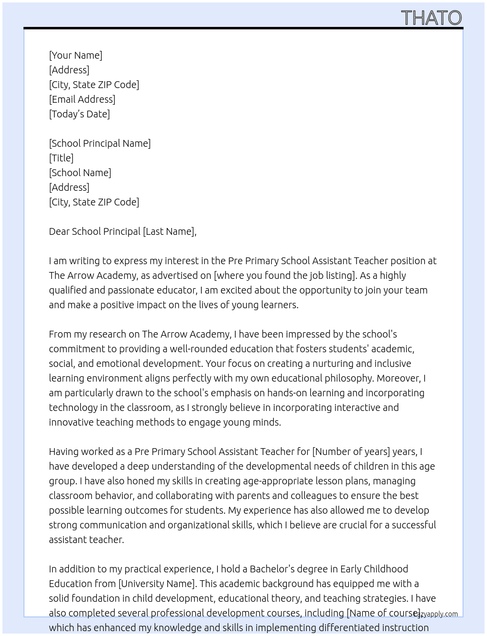 Pre primary school assistant teacher At The arrow academy  Cover Letter