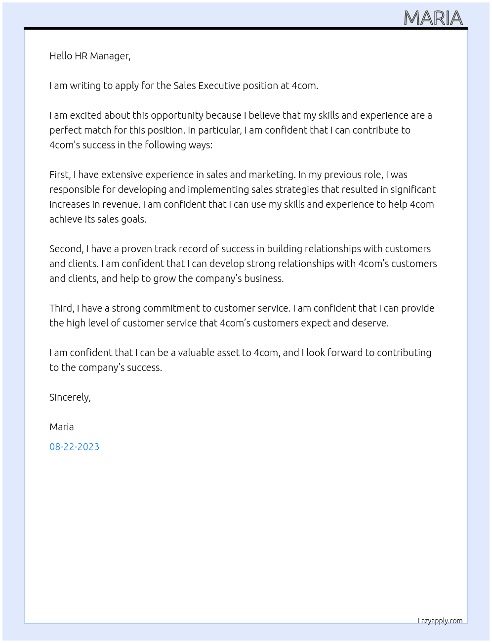 Sales Executive  At 4com Cover Letter