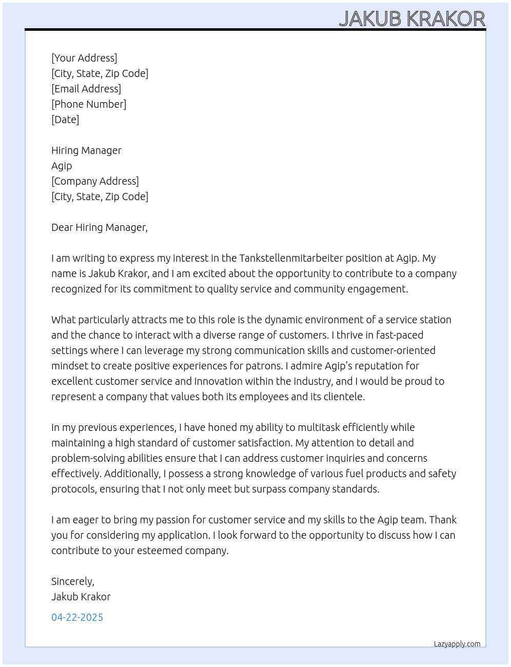 Tankstellenmitarbeiter At Agip Cover Letter