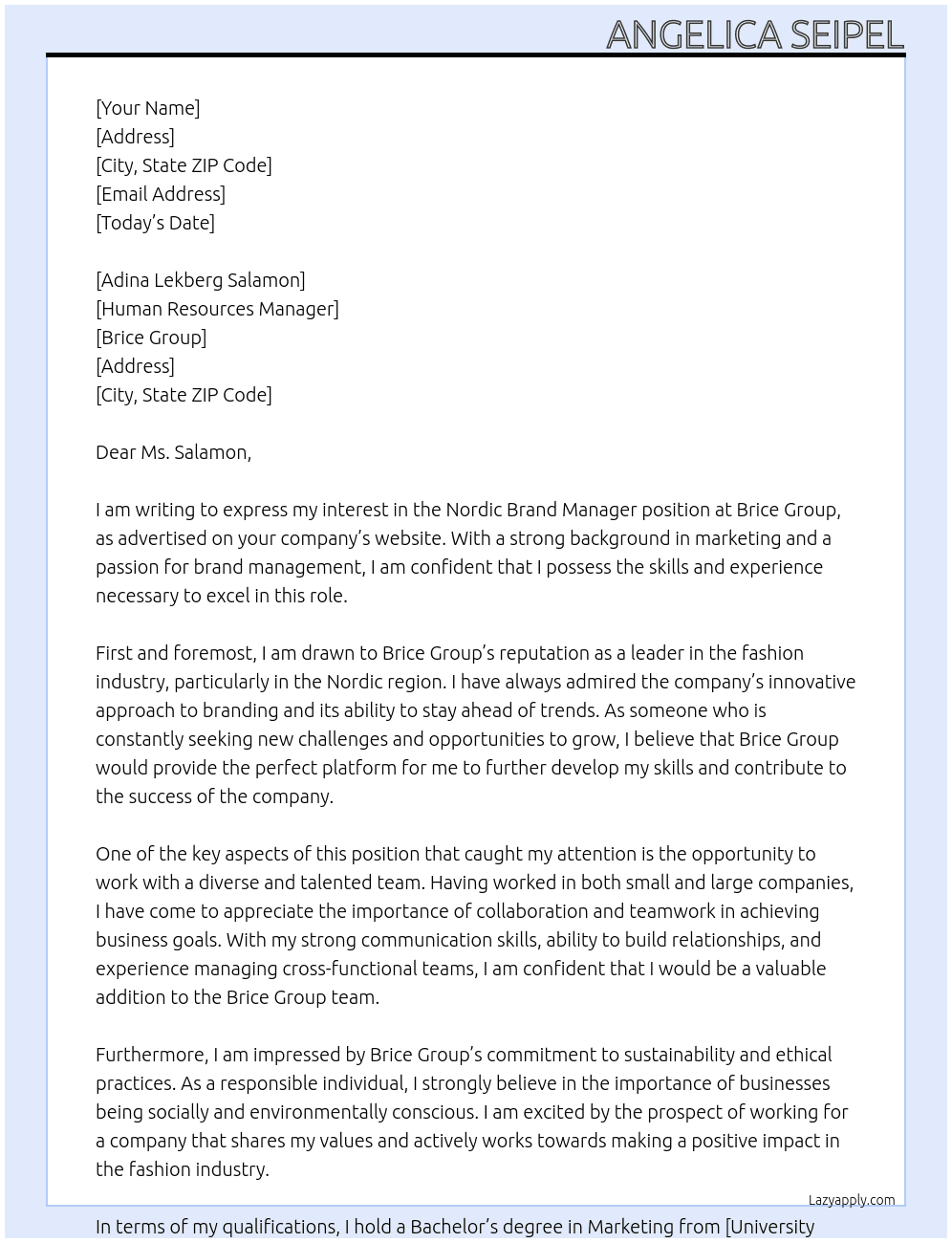 Nordic Brand Manager At Brice Group Cover Letter