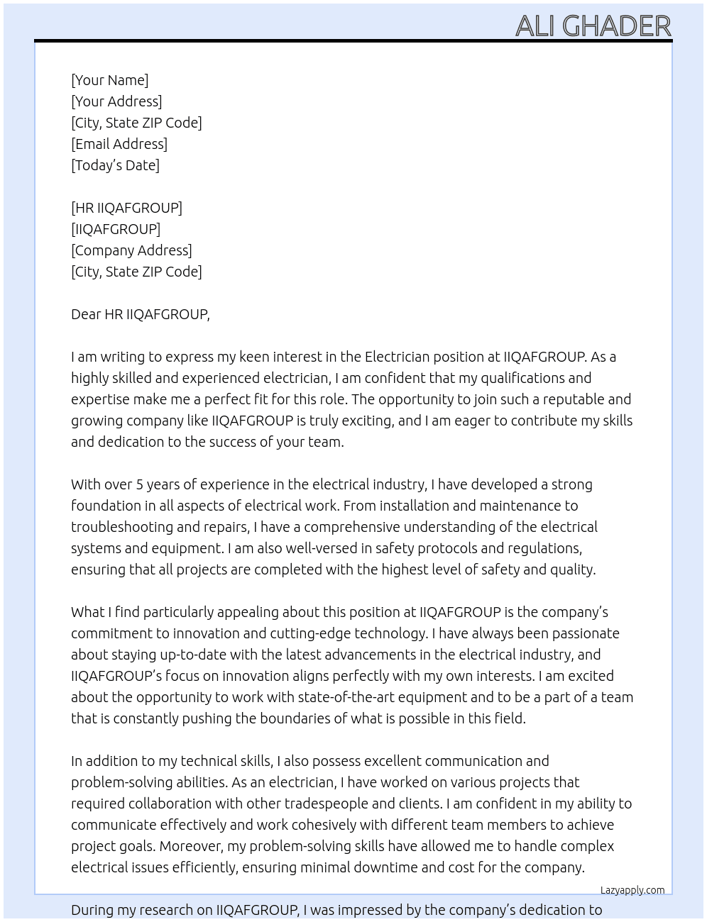 Electrician At IIQAFGROUP Cover Letter