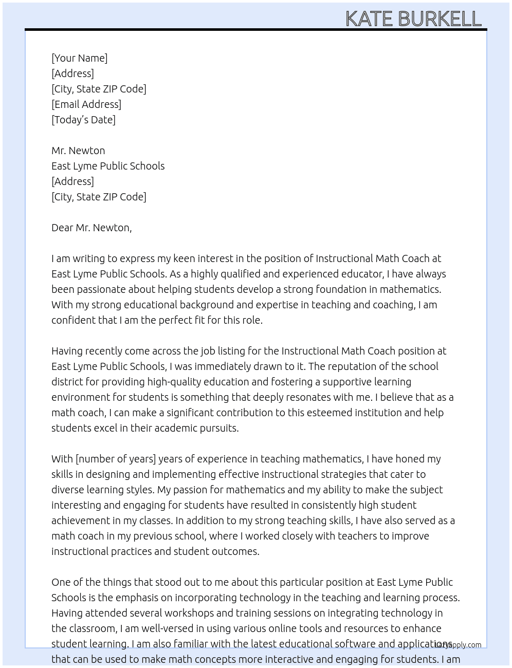 Instructional Math Coach At East Lyme Public Schools  Cover Letter