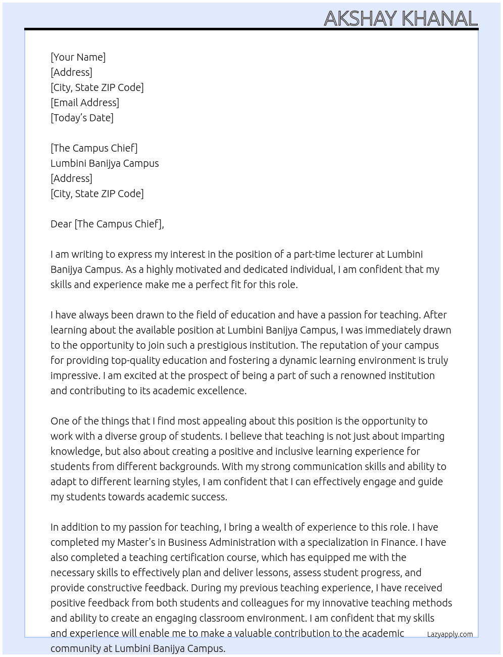 Part time lecturer At Lumbini Banijya Campus Cover Letter