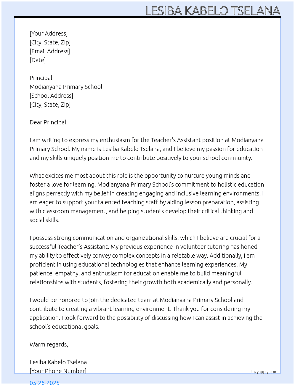 teachers's asistant At Modianyana Primary School Cover Letter