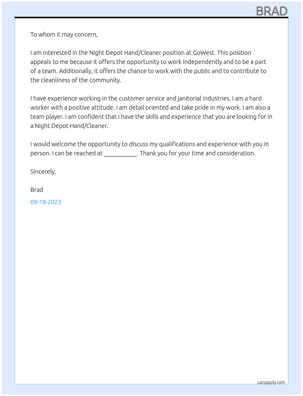 Night Depot Hand/Cleaner At GoWest Cover Letter