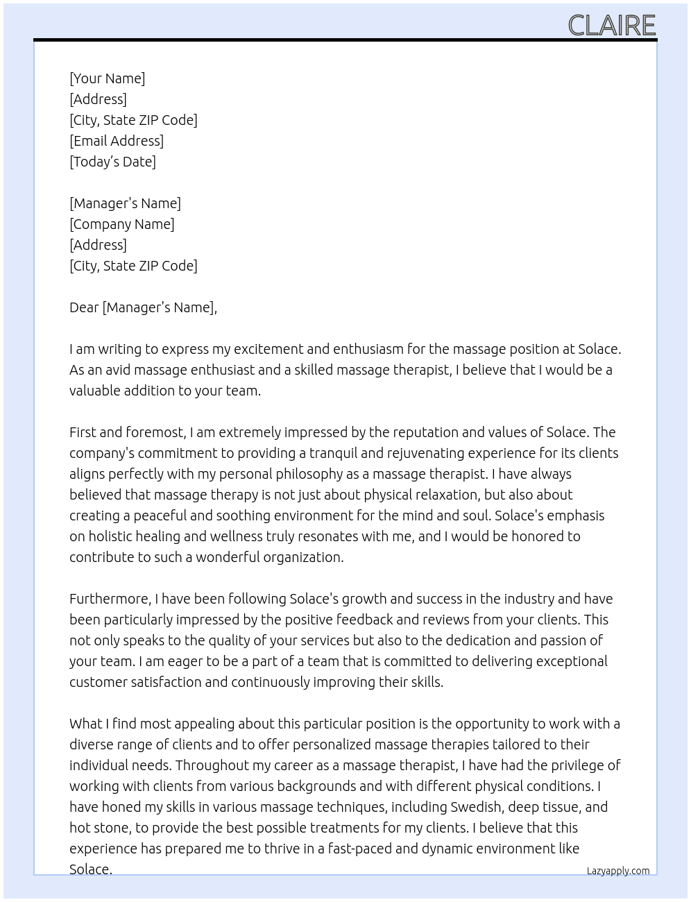 massage At solace Cover Letter