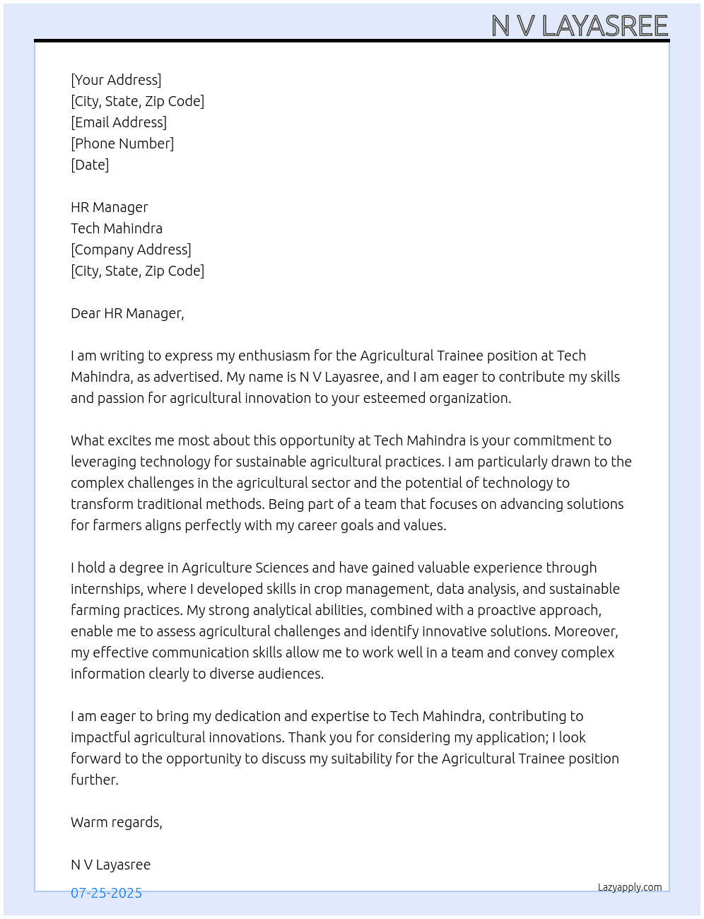 Agricultural traine At TECH MACHINDRA Cover Letter