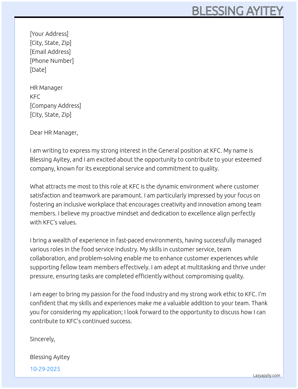 general  At KFC  Cover Letter