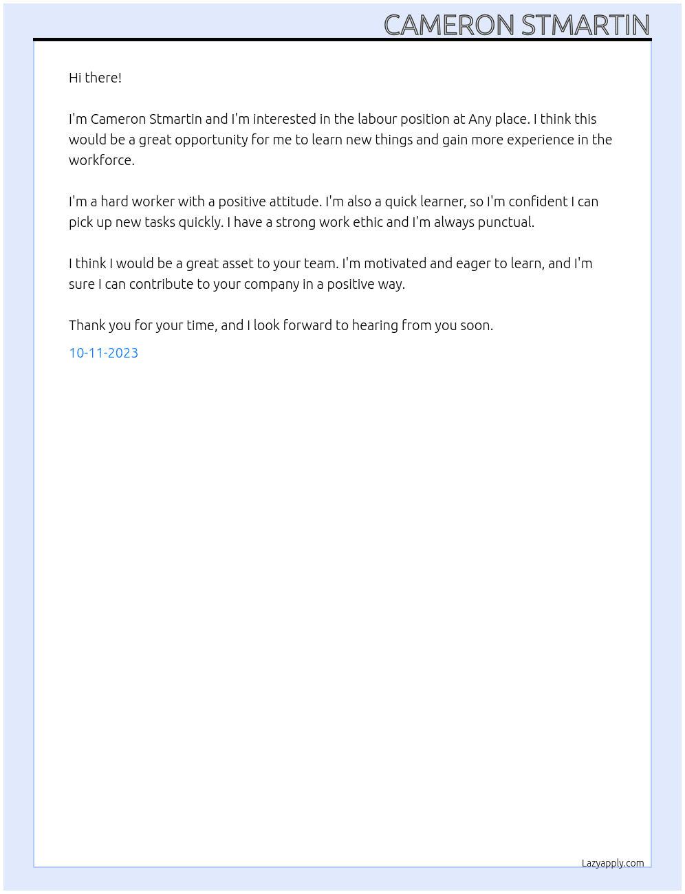 Labour  At Any place Cover Letter