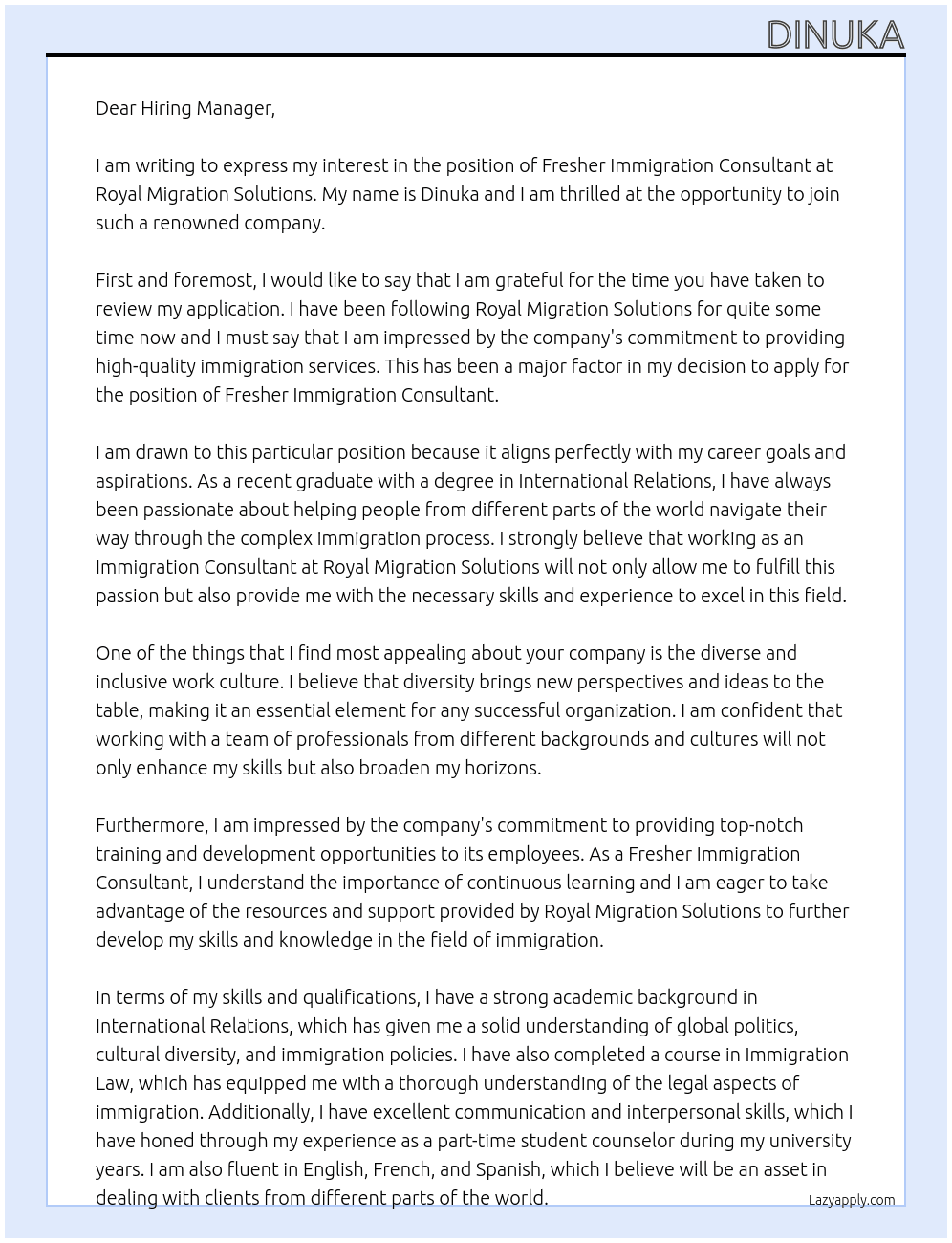 Fresher Immigration Consultant  At Royal Migration Solutions Cover Letter
