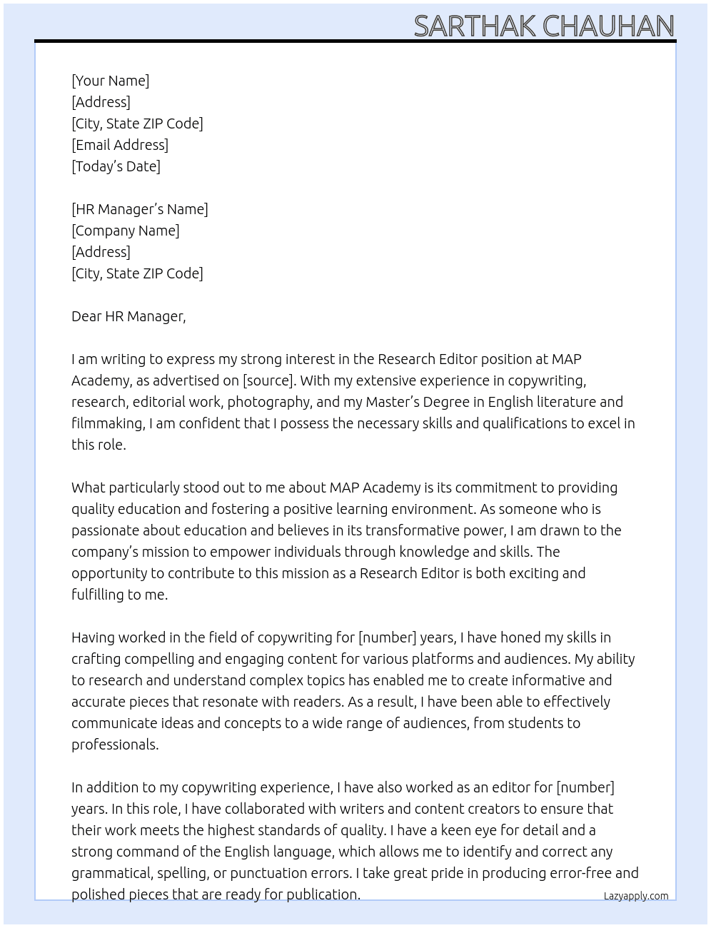 Research Editor At MAP Academy Cover Letter