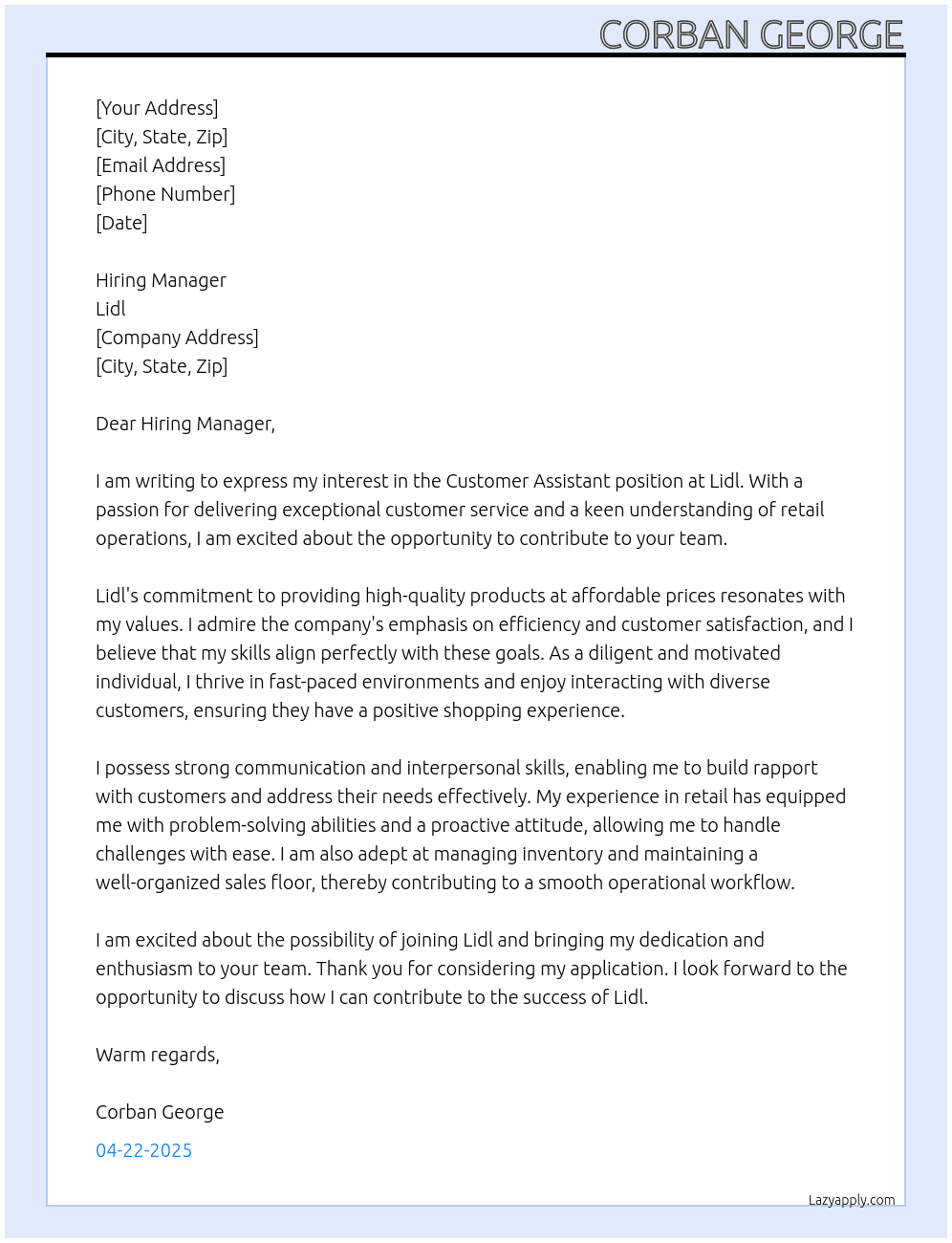 Customer Assistant At Lidl Cover Letter
