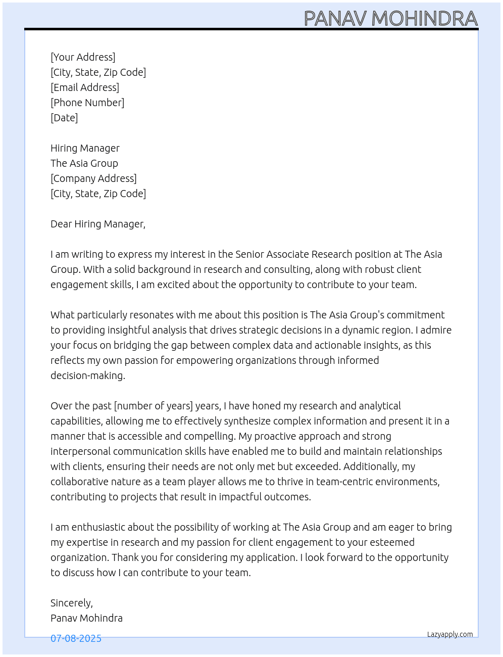 Senior Associate Research At The Asia Group Cover Letter