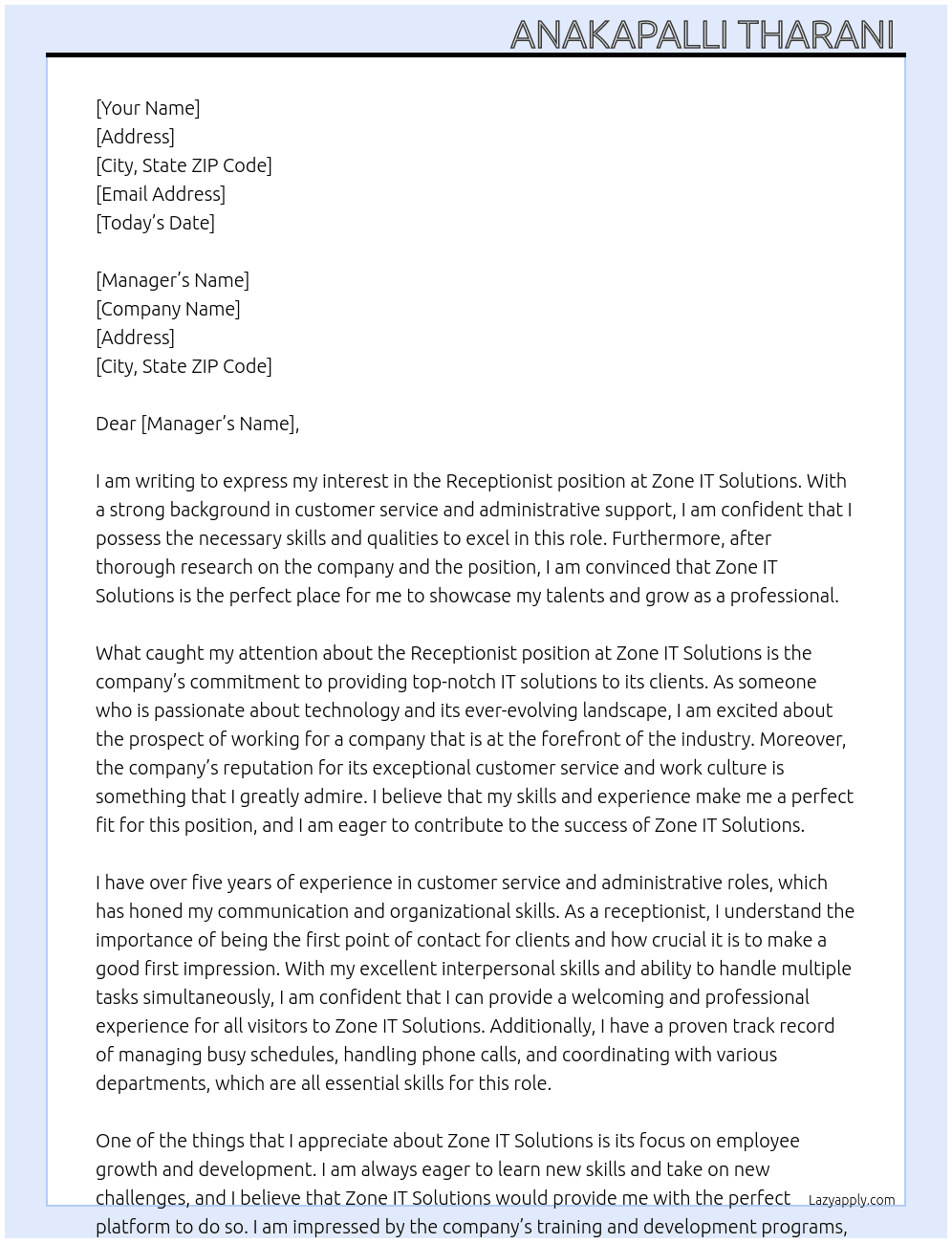 Receptionist  At Zone It solutions  Cover Letter