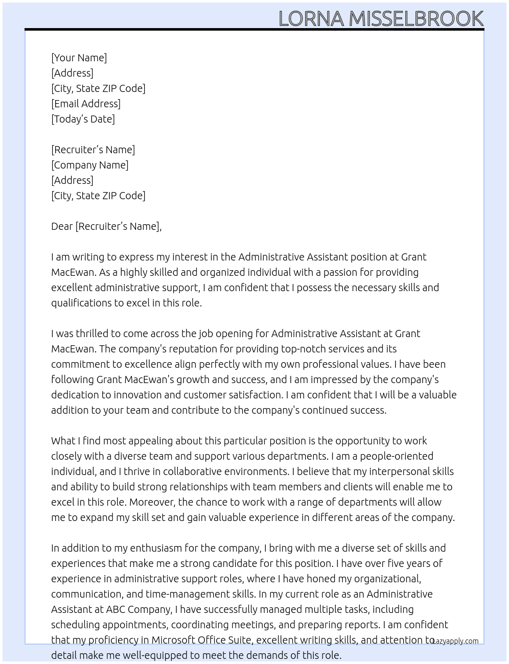 Administrative Assistant At Grant MacEwan Cover Letter