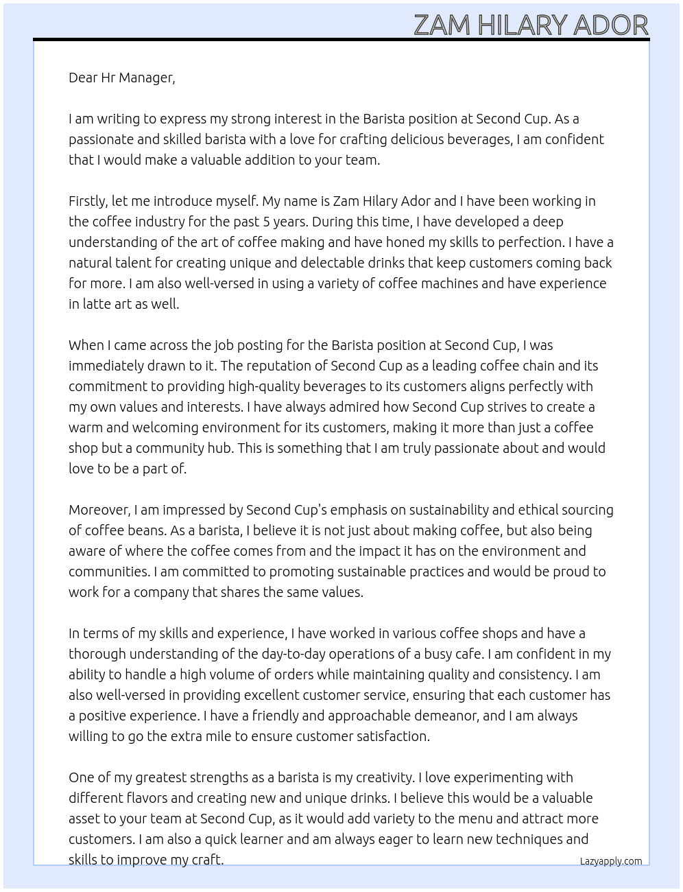 Barista At Second Cup Cover Letter