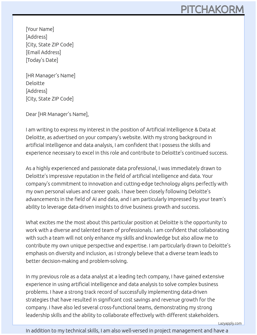 Artificial Intelligence & Data At deloiite Cover Letter