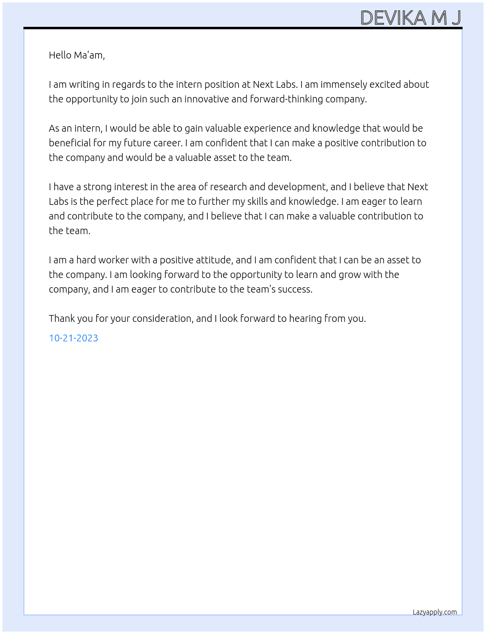 intern At next labs Cover Letter
