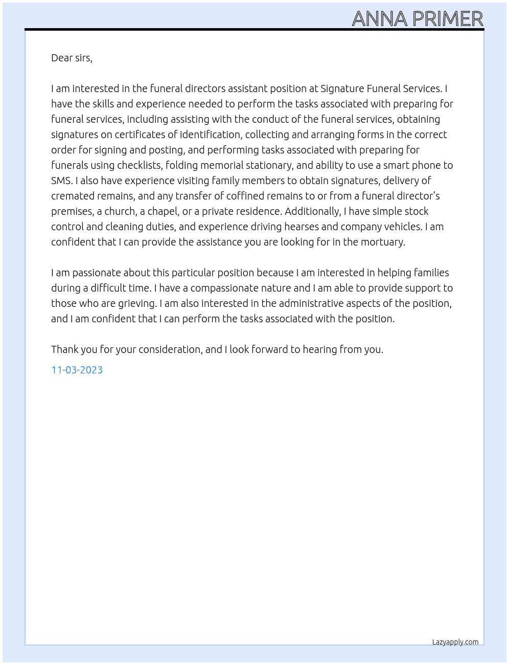 Funeral Directors Assistant At Signature Funeral Services Cover Letter