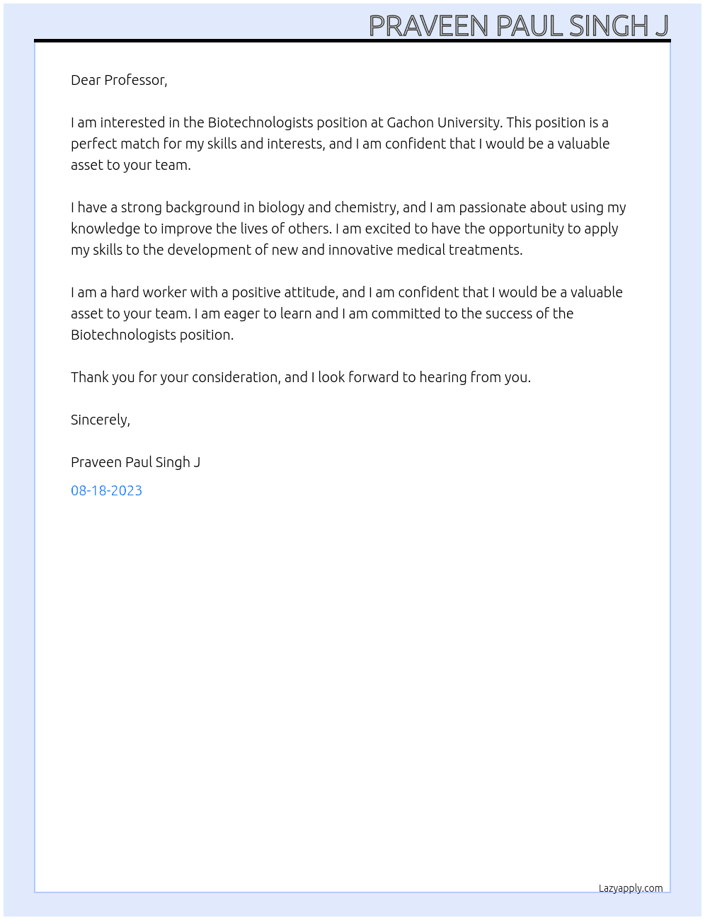 Biotechnologists At Gachon University Cover Letter