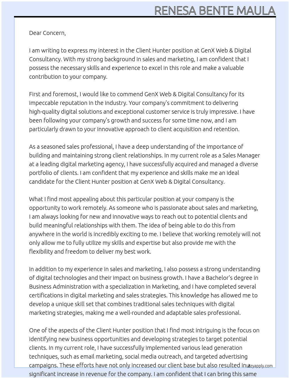 Client Hunter At GenX Web & Digital Consultancy Cover Letter