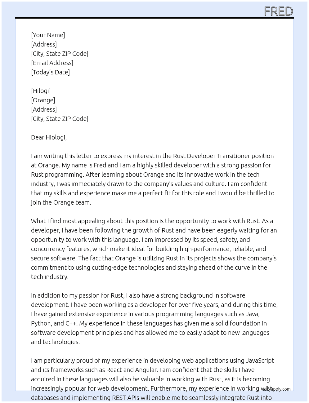 Rust Developer Transitioner At orange Cover Letter