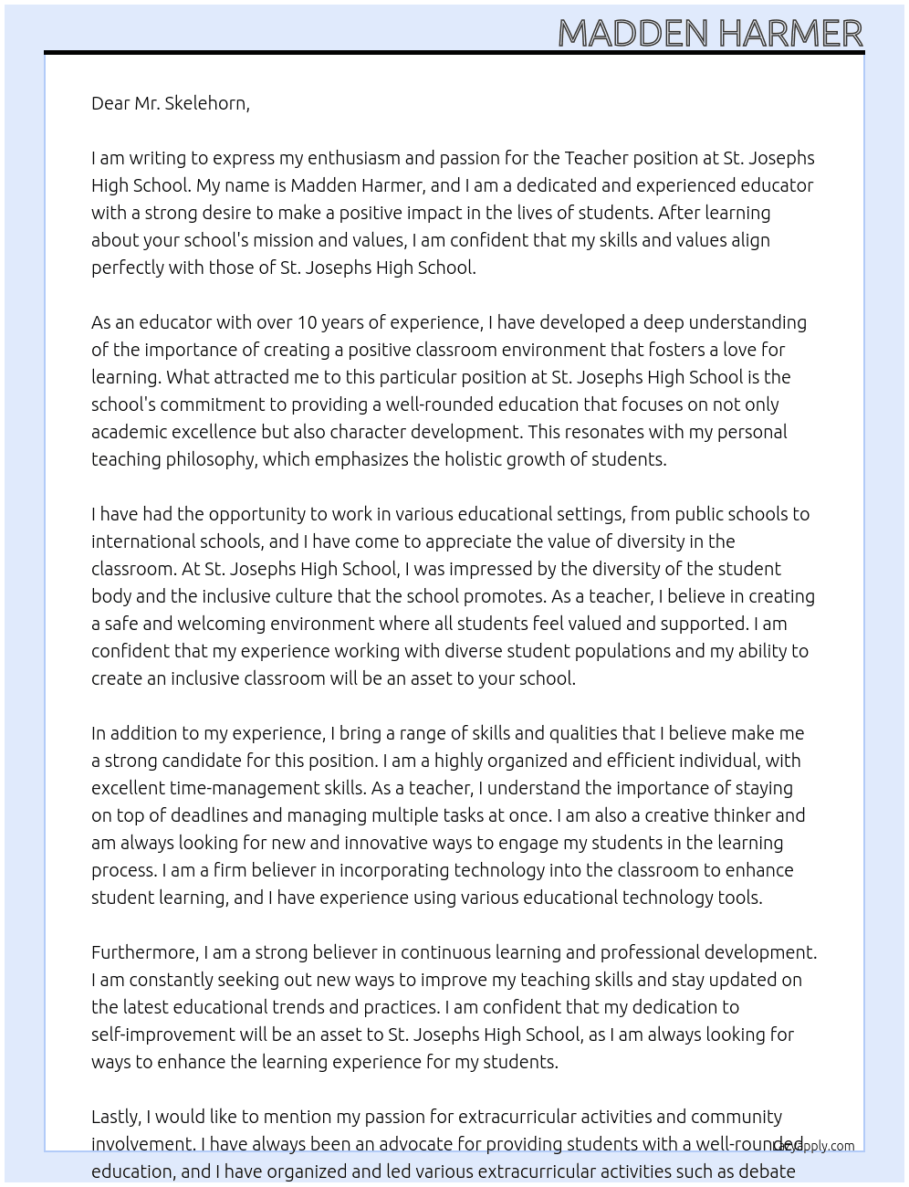Teacher At St Josephs  High School Cover Letter