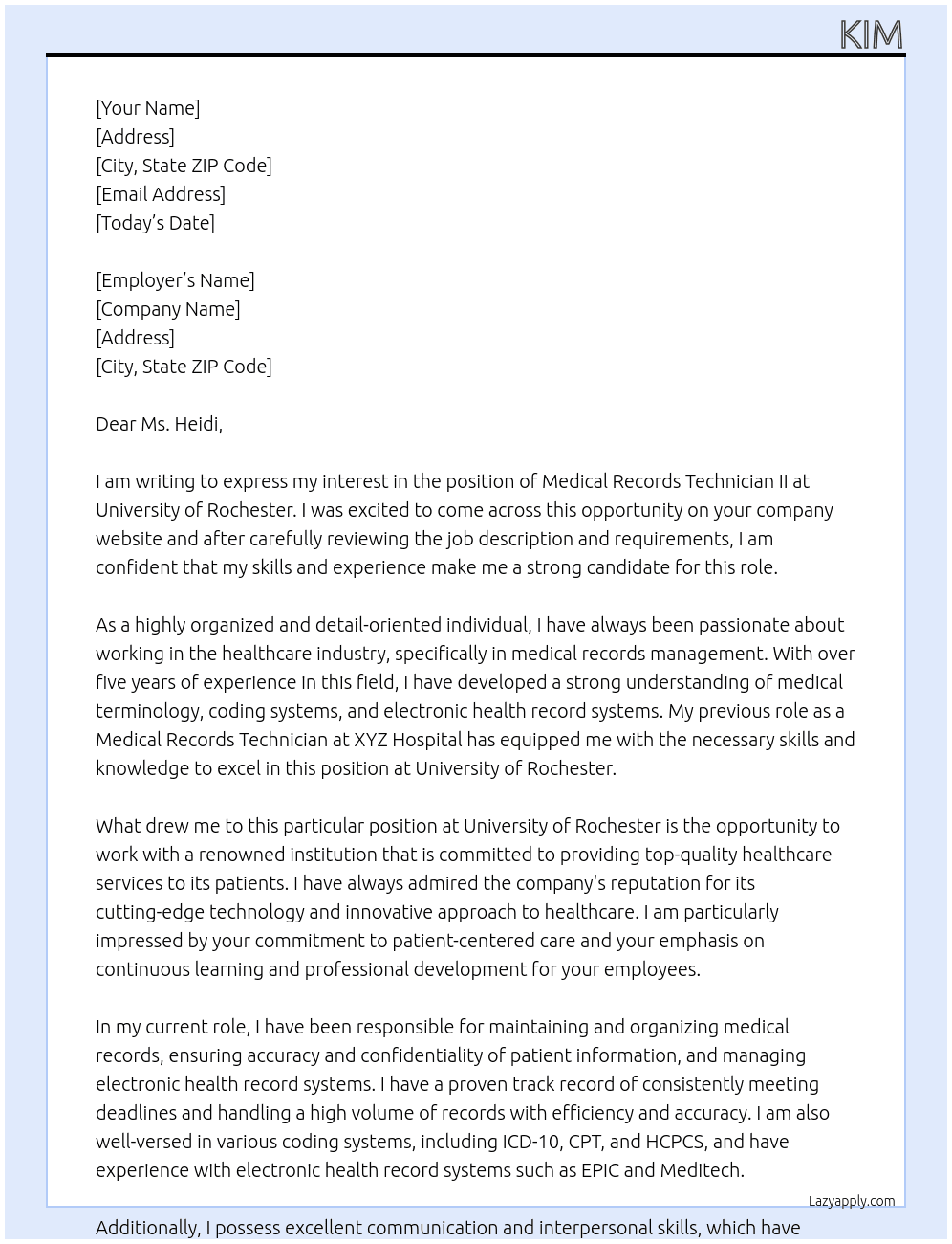 medical records technician II At University of Rochester Cover Letter