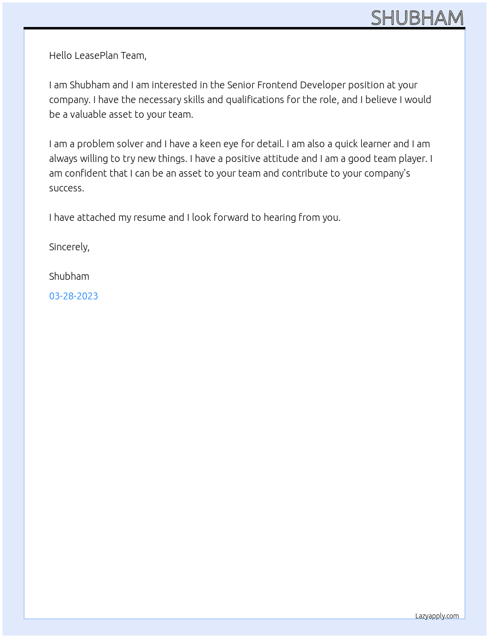 Senior Frontend Developer At LeasePlan Cover Letter