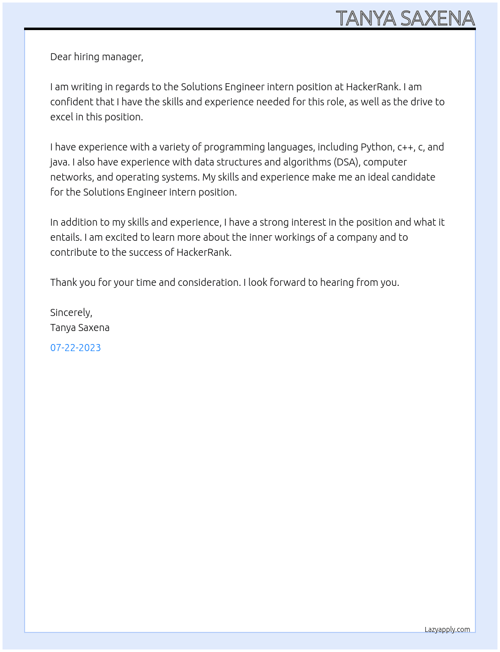 Solutions Engineer intern At HackerRank Cover Letter