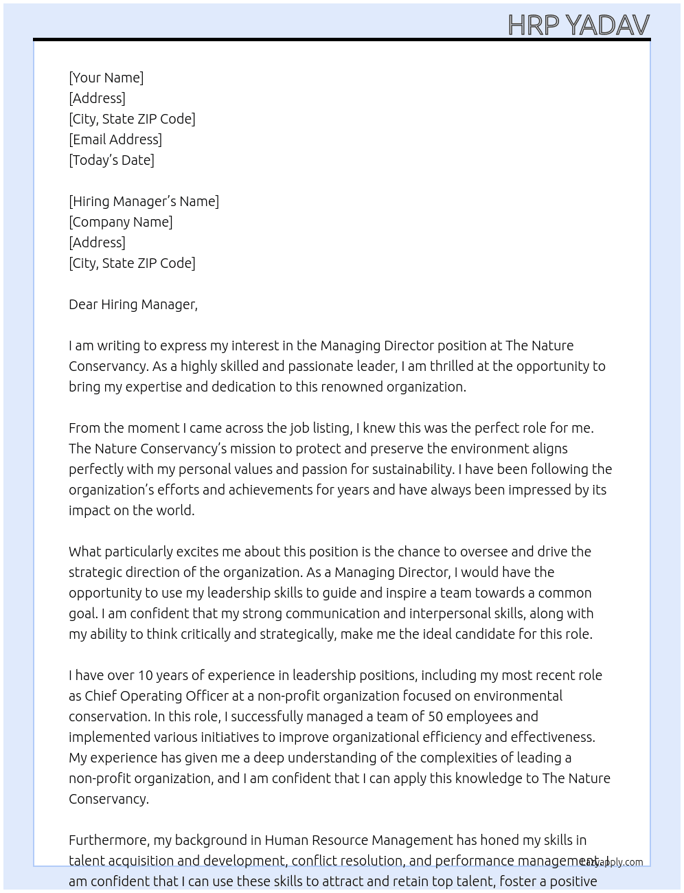 MANAGING DIRECTOR At The Nature Conservancy Cover Letter