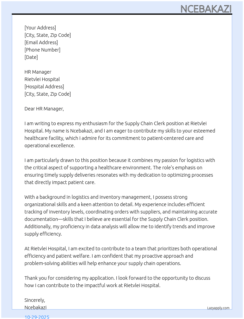 Cover letter for supply chain clerk - LazyApply