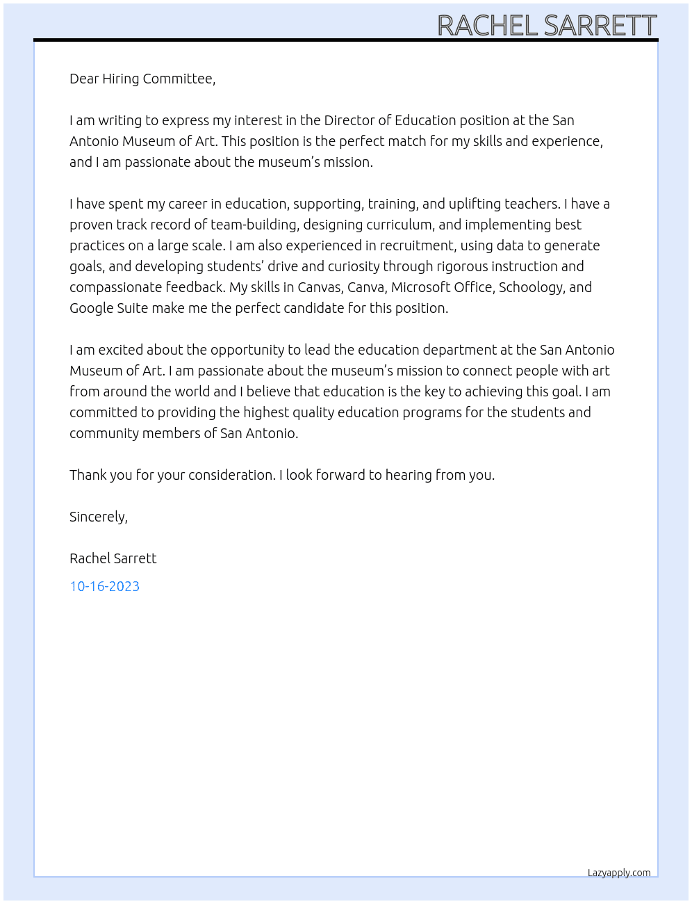 Director of Education At San Antonio Museum of Art Cover Letter