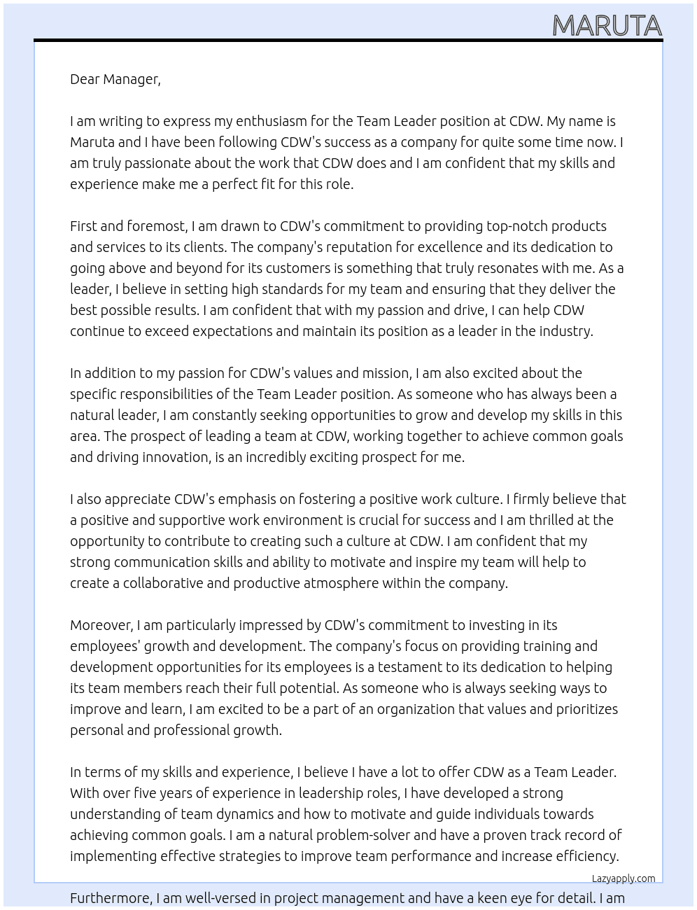 Team Leader At CDW Cover Letter