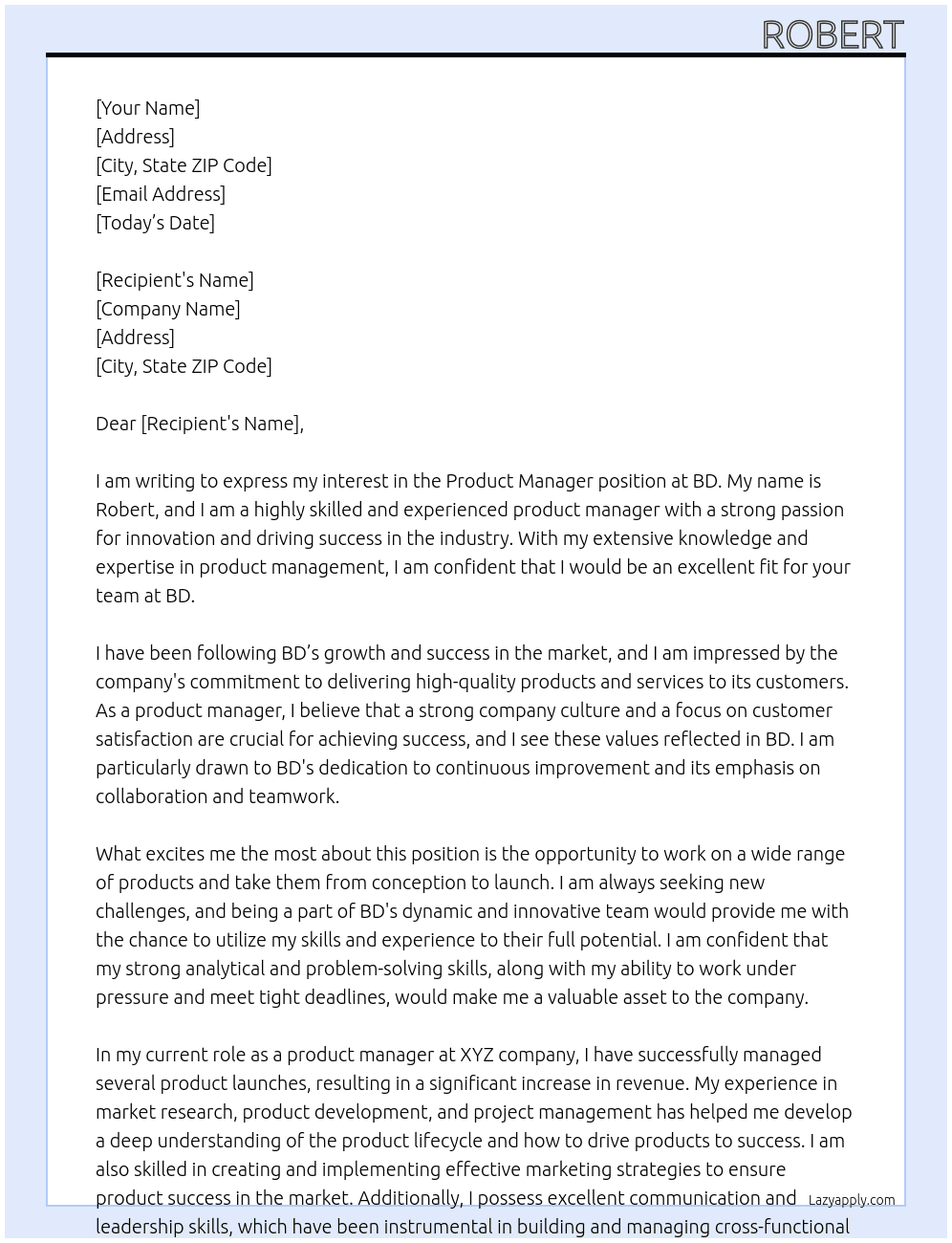 Product manager At BD Cover Letter