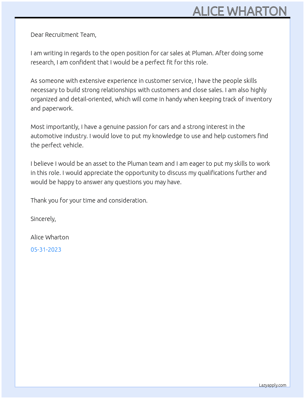 Car sales  At Pluman Cover Letter
