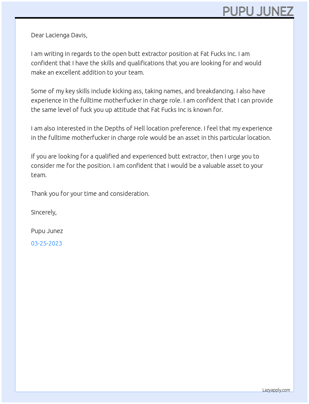 Butt extractor At Fat Fucks Inc Cover Letter