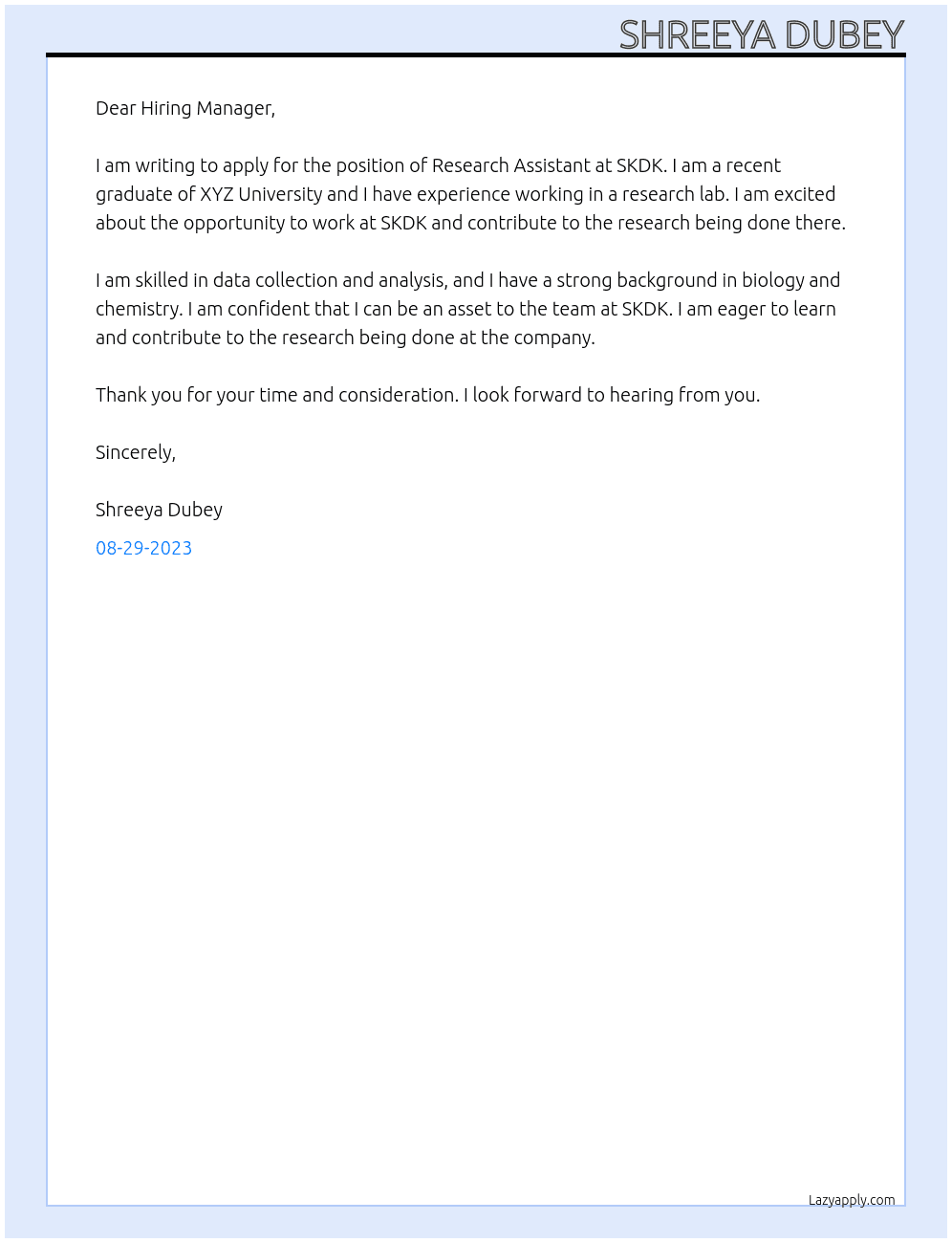 Research Assistant At SKDK Cover Letter