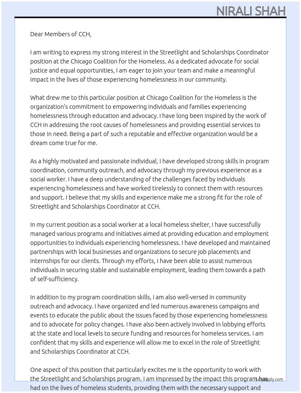 Streetlight and Scholarships Coordinator At Chicago Coalition for the Homeless Cover Letter
