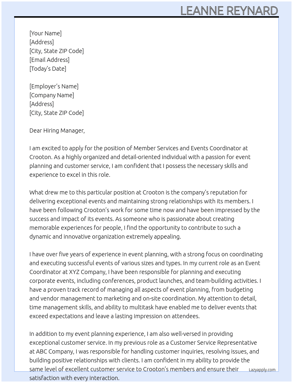 Member Services and Events Coordinator At Crooton  Cover Letter